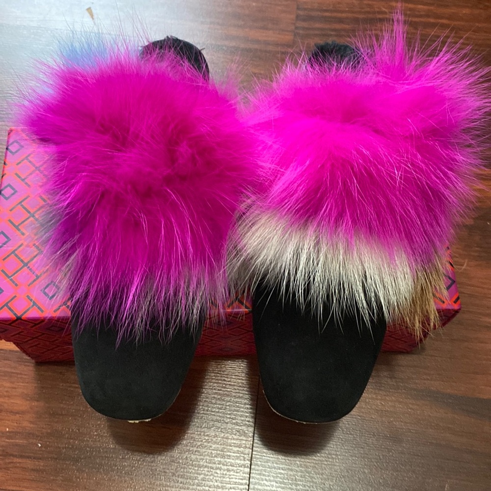 Stuart Weitzman Black Furgetit Women's Slides Suede Multi Color Flats